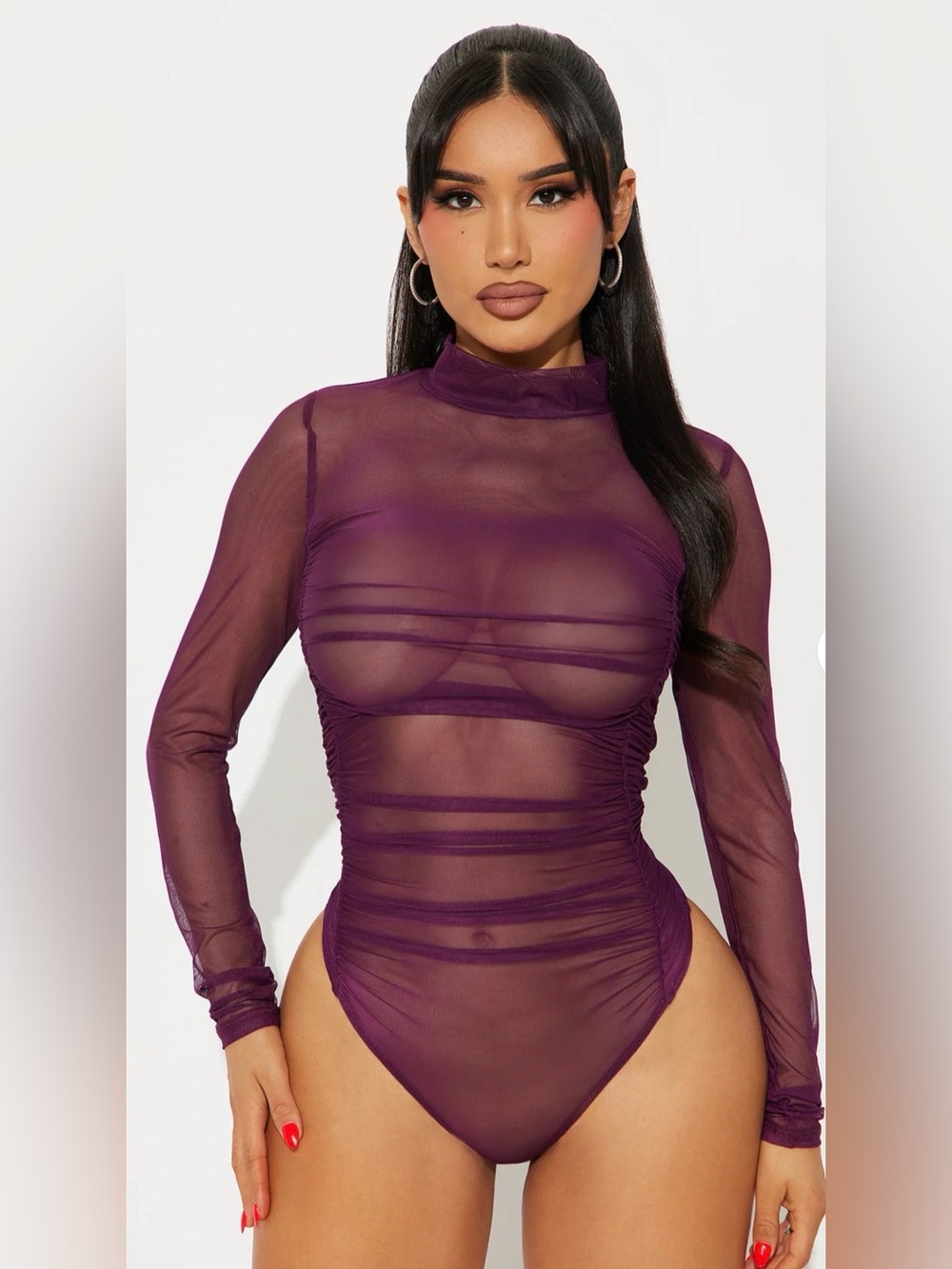Fashion Nova Sheer Mock Neck Long Sleeve Bodysuit in Purple